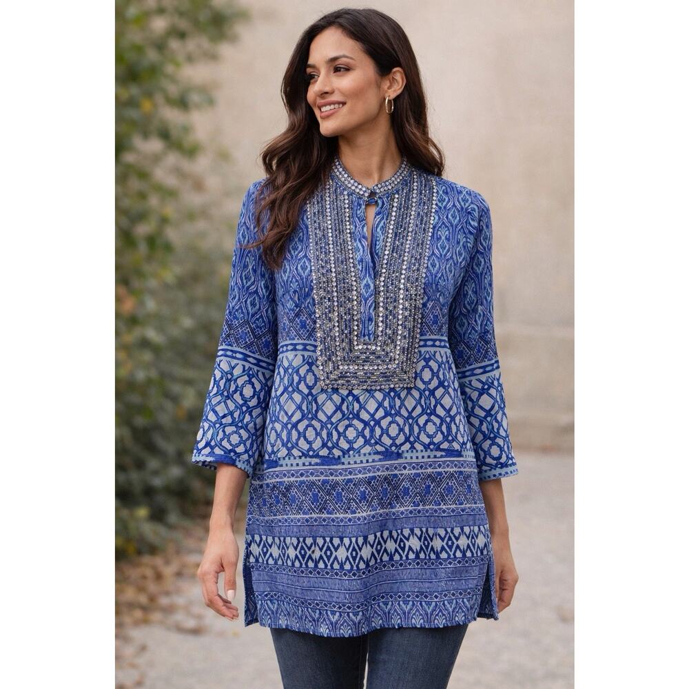 NEW Chico’s Women Small Sz 0 Beaded Chiffon Kurta Seaside Scroll Tunic Top $129